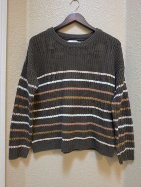 Pink Rose Brown Crew Neck Sweater Ribbed Knit Size Large